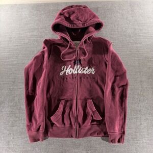 Hollister Zip Up Hoodie Womens XS Burgundy California Logo Fleece Sweatshirt